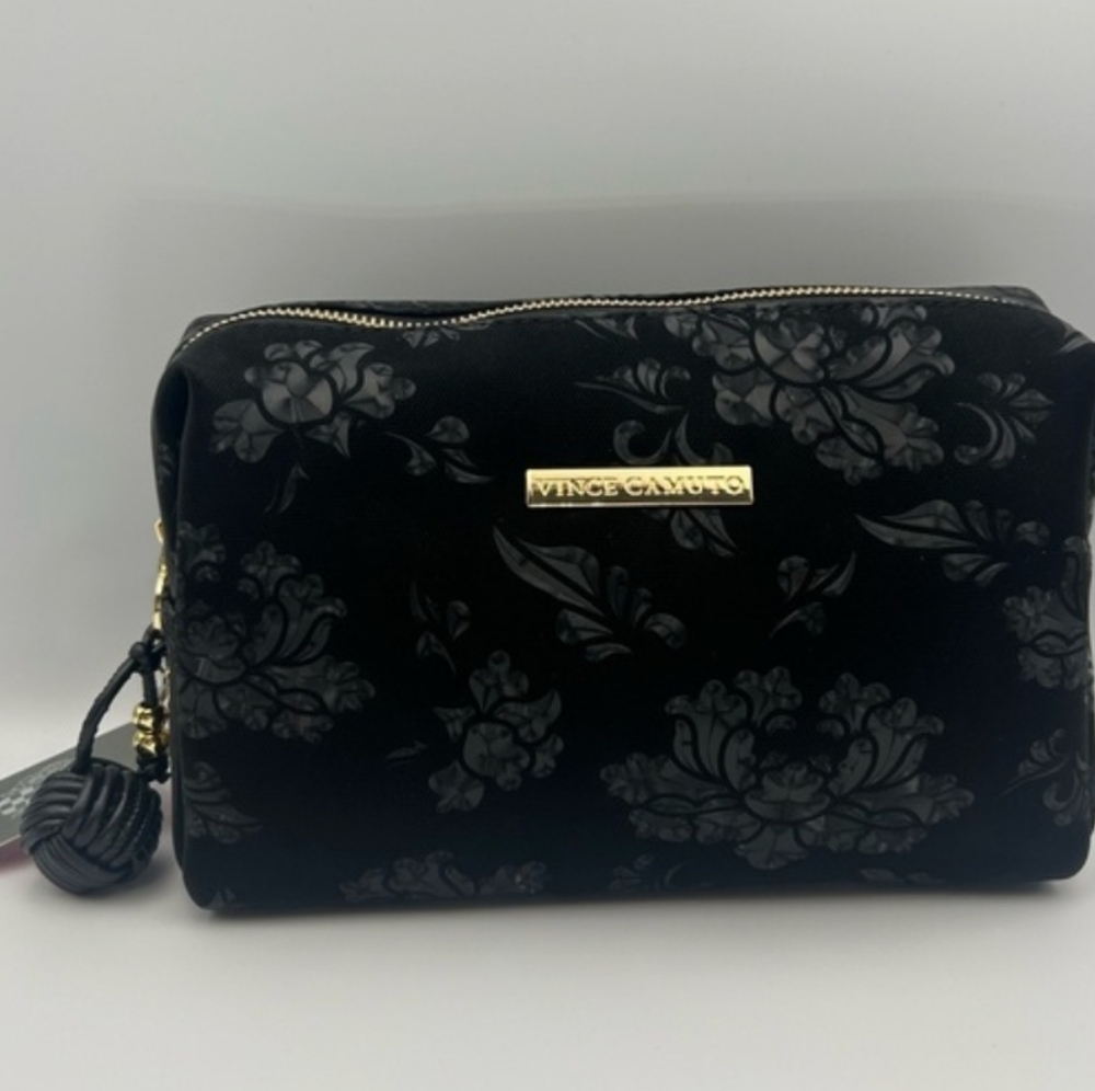 Vince Camuto Black Floral Velvet Cosmetic Case with Gold Logo